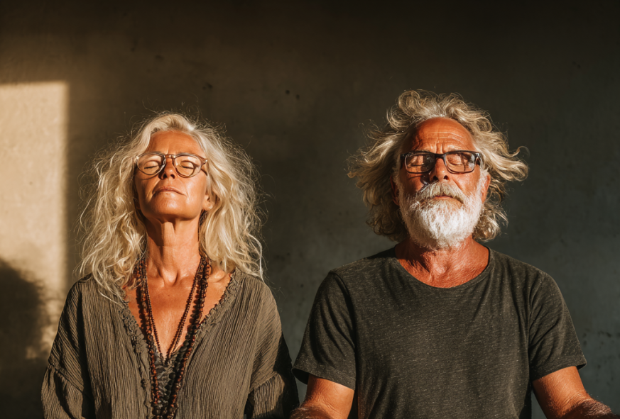 Літня жінка практикує йогу на природі